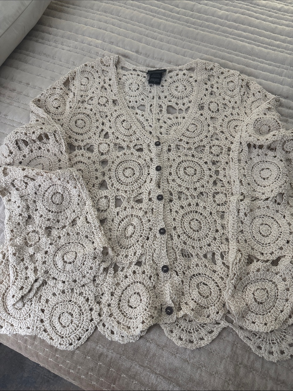 Openwork Crochet Button-Front Cardigan - Cream